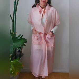 Pink Foral Pint Ruffle Collared Robe House Coat With Pockets 9 Buttons Vday